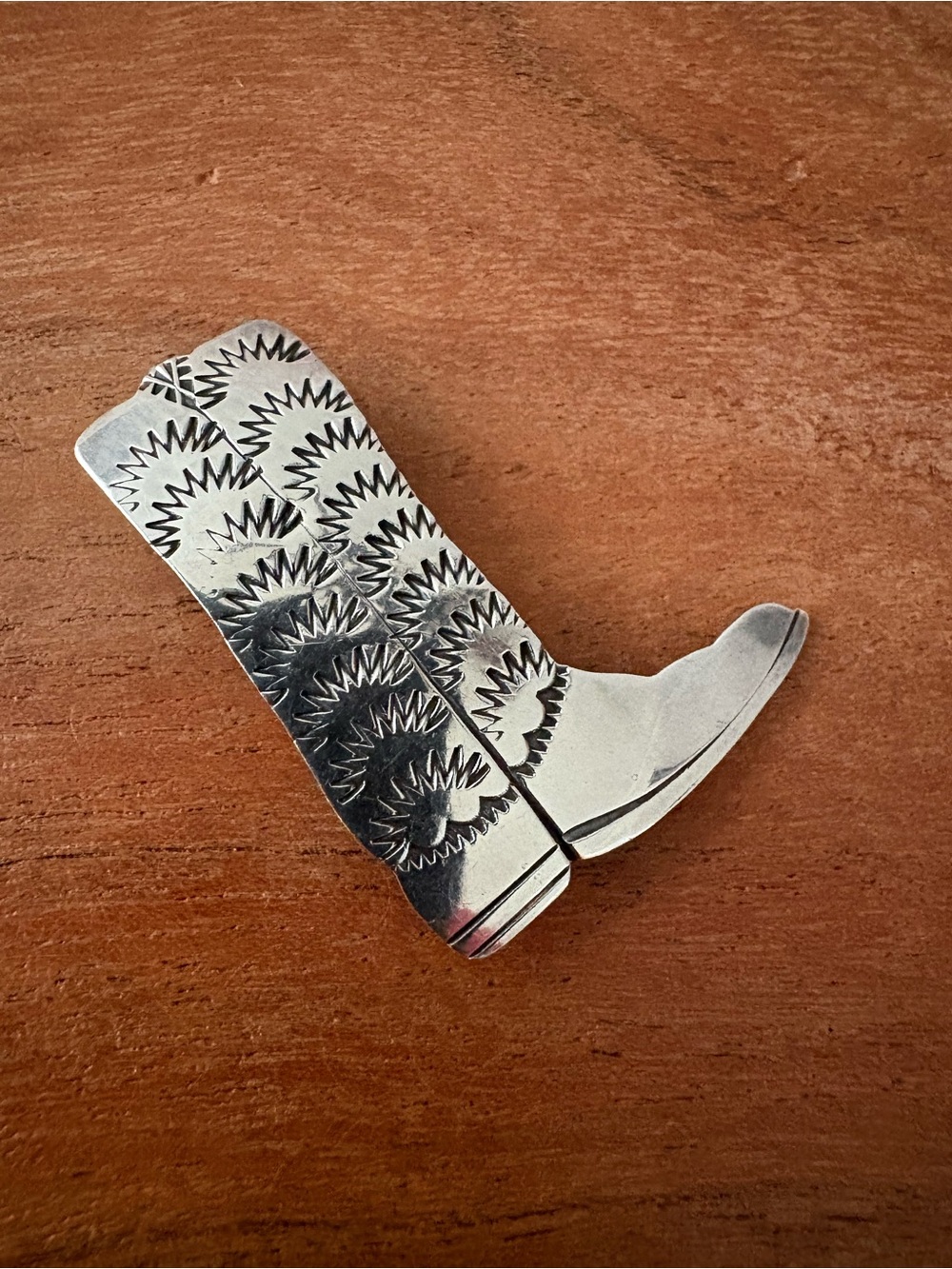 Silver Western Boot Bar Brooch with Sunburst Stamped Design (Ben Chavez)